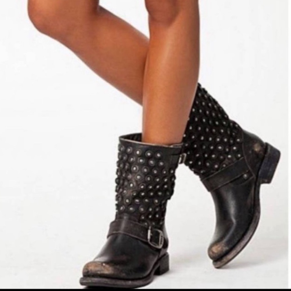 Frye Black Studded Buckle Moto Boots